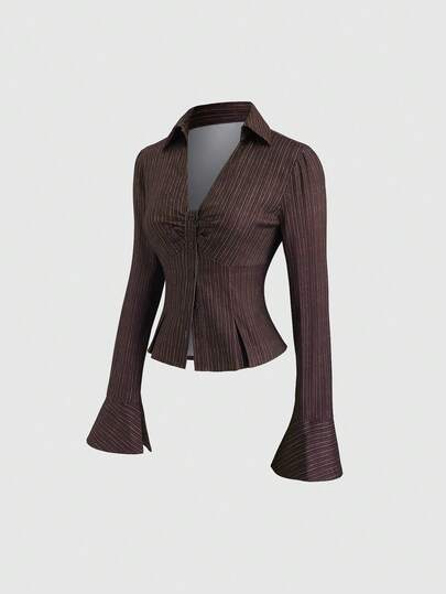 Sweetra 女士新款感恩节衬衫，适合派对、通勤、日常、旅行、度假等场合，棕色条纹V领收腰长袖衬衫，春、秋、冬三季皆宜。