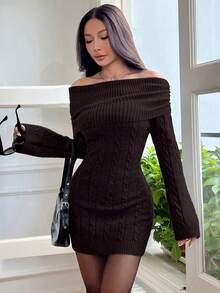 SHEIN EZwear Women's Plain Off Shoulder Long Sleeve Casual Short Sweater Dress In Fall/Winter - Coffee Brown - View 4