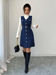 Elenzga 女士优雅复古灯芯绒V领金属纽扣装饰无袖纹理迷你连衣裙 - 藏蓝色 - 查看 5