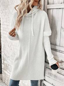 EMERY ROSE Casual Solid Color Loose Fit Long Sleeve Hooded Women Sweaters - White - View 5