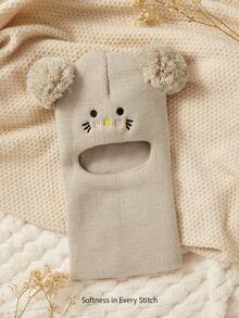 Cozy Pixies 1 Pc Balaclava Pom-Pom Black Newborn Balaclava Ski Mask Toddler Beanie Double Balls Baby Girls Boys Beanies Kids Winter Warm Hats Children Knit Beanies - Beige - View 4