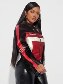 Radiana American Cool Patchwork & Contrast Color Short Motorcycle Embroidered Jacket, Women Summer Race Car Racing Moto Jacke In Fall/Winter - Black - View 5