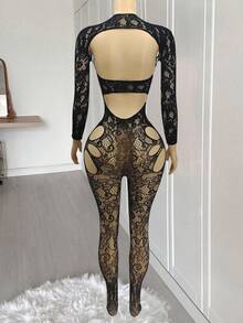 SHEIN Women's Sexy Lingerie Bodysuit, Black Hollow Sheer Mesh Alluring Bodysuit Bodystocking Body Stocking Lingerie Bodystocking Lingerie See Through Dress - Black - View 2