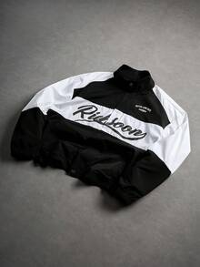 PAVTROS Men's Letter Print Long Sleeve Casual Loose Jacket Custom Jacket Racing Jacket Black And White Jacket Streetwear Jacket Romwe Jacket - Multicolor - View 5