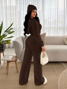 SHEIN SXY Women Brown Casual Hooded Drop Shoulder Long Sleeve Knitwear Zipper Cardigan With Letter Pattern - Brown - View 2