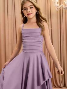 Tween Girls' Elegant Fashion Luxurious Spaghetti Strap Criss-Cross Shoulder Sleeveless High Waist Cinched Waist Flared Hem Long Asymmetrical Hem Design Solid Satin Shiny Fabric High-End Christmas, Graduation, Party, Halloween Dress - Purple - View 3