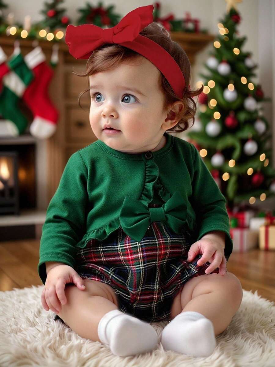 Souflis Souflis Baby Girls Elegant & Sweet Jacket And Plaid Bodysuit Set, Autumn Outfit - Green - View 1