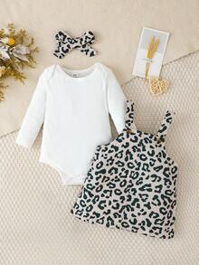 SHEIN Playful Pals 两件套休闲长袖女婴连体衣和豹纹背带裙套装