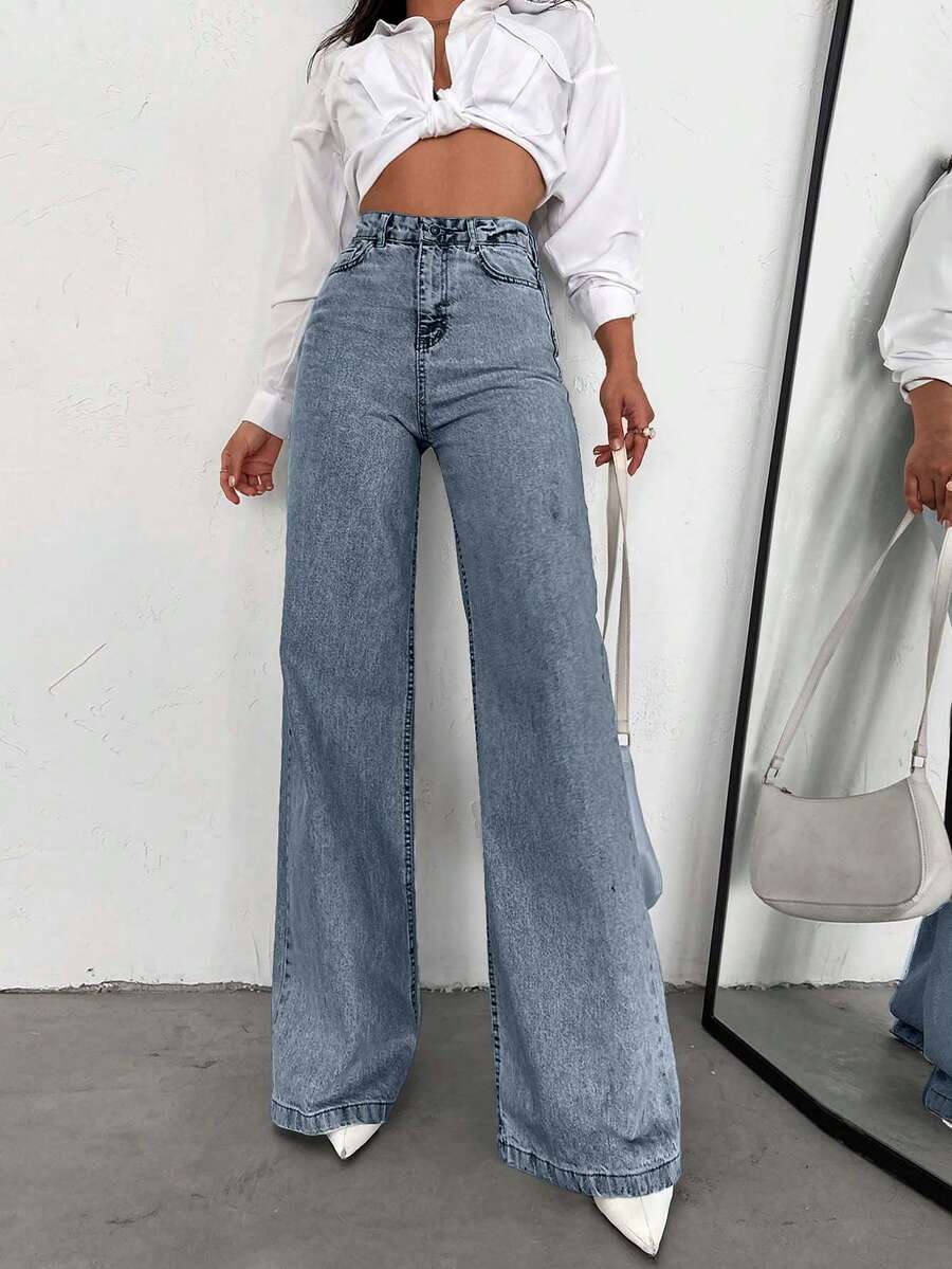 SHEIN Tall بنطلون جينز كاجوال بخصر عالي وساق واسعة من القطن النقي 100% - أزرق متوسط - مشاهدة 1