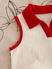 Genkimix Kids 2件套女童夏季新款杏色针织面料翻领拼接爱心装饰背心上衣和牛仔短裙，荷叶边刺绣樱桃花卉复古可爱套装