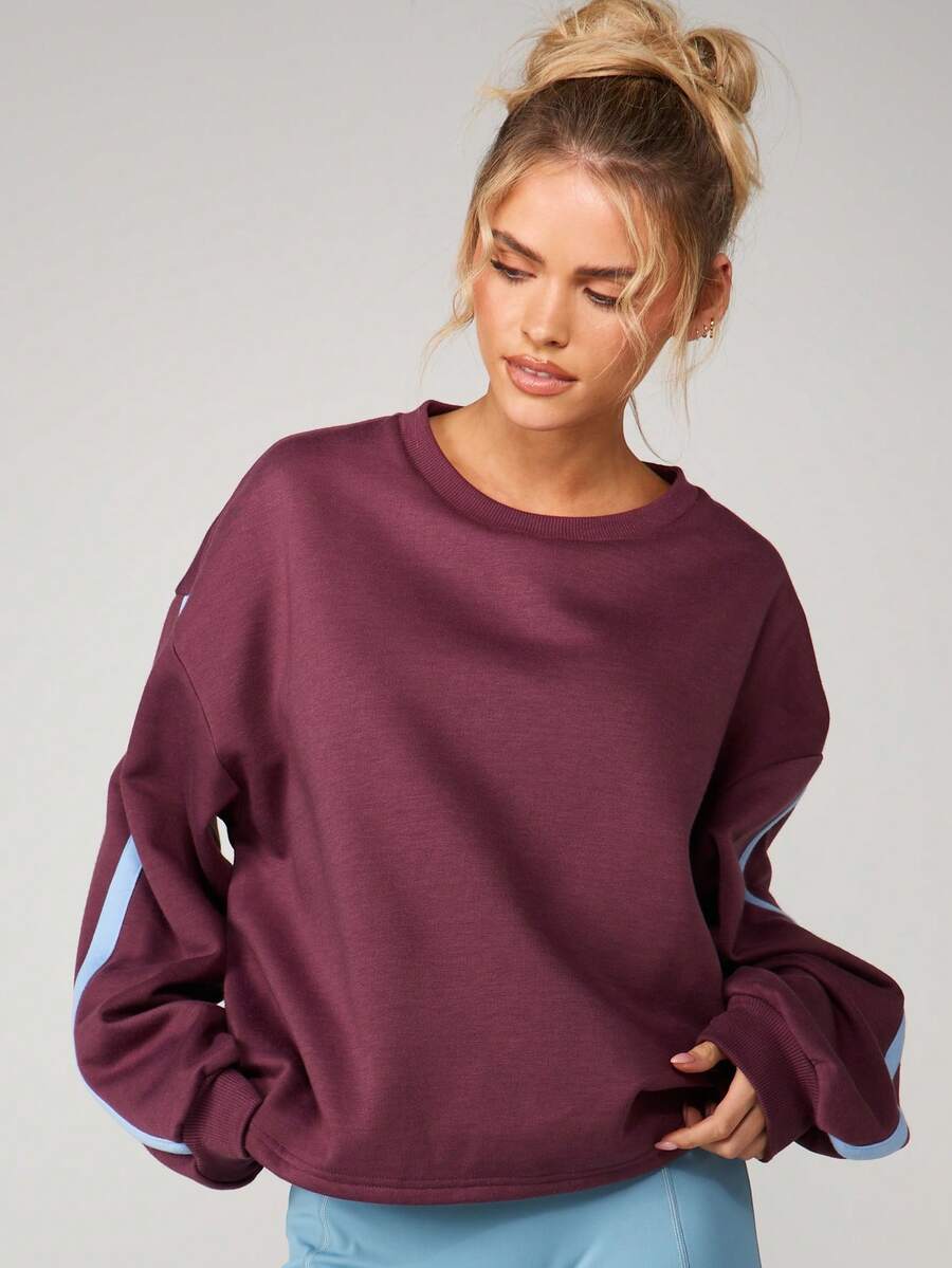 MISSGUIDED 女士宽松卫衣,侧边撞色条纹,长袖套头衫,休闲舒适上衣 - 中紫紅色 - 查看 1