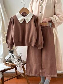 SHEIN 女童撞色领毛衣和针织裤套装 - 卡其色 - 查看 3