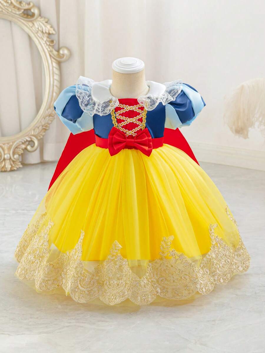 Glamorique Kids 女婴公主裙，黄色公主裙，泡泡袖，黄色薄纱蓬蓬裙，生日派对，婚礼，节日正式礼服，派对服装，蝴蝶结，蕾丝，丝带，优雅正式礼服，金色水溶性蕾丝，红色披肩，中东，欧洲和美国