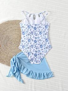 SHEIN 女童花卉/印花 1-2 件套泳衣 - 藍色 - 查看 4