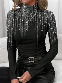 SHEIN Clasi 休闲简约女式闪亮星星优雅浪漫印花图案高领打底T恤，适合秋冬季节，百搭，可搭配出席派对、居家穿着，圣诞节时尚单品 - 彩色 - 查看 7