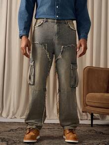 RivetRise 休闲宽松多口袋做旧男士牛仔裤，欧美街头风 - 藍色 - 查看 4