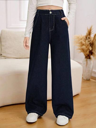 SHEIN Tween Girls Y2K 风格女童牛仔裤，季节性，深蓝色牛仔布，褶皱腰带，直筒宽松牛仔裤，柔软舒适的面料，适合日常外出和学校/工作穿着