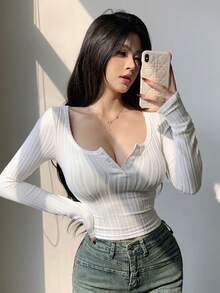 DAZY Ladies' Tight-Fitting Long-Sleeved T-Shirt With Buttoned Half Placket And Large Round Neckline Long Sleeve Women Tops,Fall Women Clothes - White - View 4