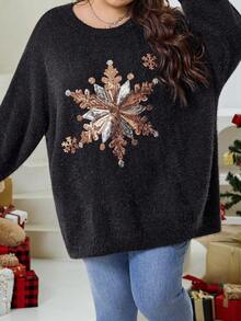 SHEIN CURVE+ Plus Size Autumn/Winter Casual Christmas Snowflake Pattern Bead Imitation Mink Fur Black Pullover Sweater Winter - Black - View 6
