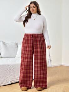 SHEIN CURVE+ Plus Size Women's Lace Up Checkered Straight Leg Loose Casual Pants, Red Checkered Christmas Pants Y2k Baggy