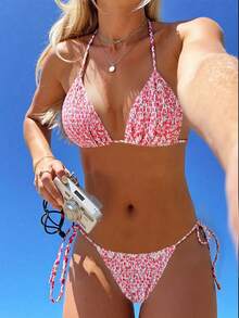 Swim Mod 2026 Spring/Summer 2pcs Women's Multi-Color Sexy Halter Random Ditsy Floral Spaghetti Strap Backless Side Tie Bikini Set Set - Multicolor - View 7