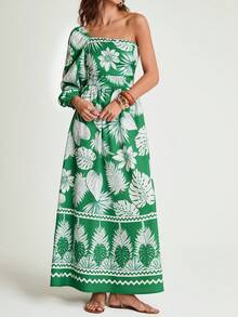 CAJUNI Women's Tropical Plant Green Floral Print Lantern Sleeve Casual Long Dress,Autumn Boho Vacation Holiday,Hawaii Green Maxi Dress,Palm Tree Dress - Green - View 5