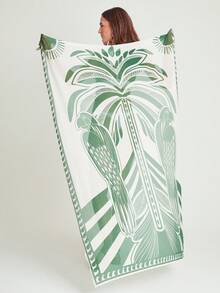 CAJUNI 女士绿白热带印花纱笼裙罩衫 | 轻薄透气面料，长款裹身裙，高开衩设计，醒目的叶子图案和条纹点缀，可调节腰带，优雅性感的沙滩装，是夏季度假、度假村泳池边、浪漫假期的理想之选。女士沙滩时尚，沙滩罩衫，沙滩裙罩衫，纱笼罩衫，泳衣裙罩衫，度假装 - 綠色 - 查看 6