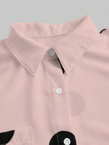 SHEIN LUNE 大圆点印花口袋纽扣前长袖衬衫 - 粉色 - 查看 4