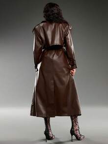 Normani Women's Solid Color Lapel NeckLong Sleeve PU Leather Long Loose Trench Coat - Coffee Brown - View 2