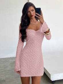 Aloruh Women's Elegant Square Neck Ruched Flare Sleeve Fitted A-Line Mini Dress Pink Long Sleeve Dress Sexy Pink Dress - Baby Pink - View 7