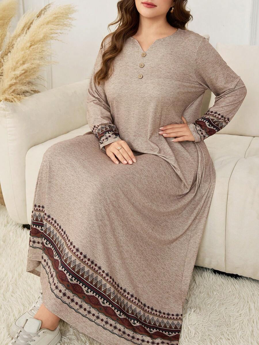 Lacomfia 秋冬休闲圆领针织纹理宽松印花拼接大码女装连衣裙 - 彩色 - 查看 1