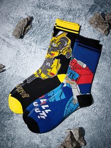 Transformers X SHEIN 2雙 Autobots 男士休閒中筒襪，柔軟透氣吸濕排汗，時尚酷炫卡通黃藍配色，加強腳趾與腳跟耐穿，四季百搭，適合夏冬，圖案襪，送禮首選 - 彩色 - 查看 7