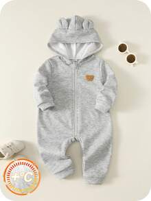 Cute Bear Design Fleece Hooded Jumpsuit, Comfortable Versatile Casual Stylish Daily Wear, Suitable For Indoor, Outdoor, Skiing, Sports, Party, Photography, Festival, Christmas, New Year, Autumn/Winter - Grey - View 7