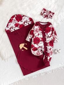 SHEIN 3 件套婴儿女孩优雅花卉印花长袖连体衣、头巾和披肩舒适家居服套装