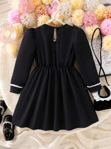 SHEIN Elladie kids Young Girl Cute White Lace Trim Long Sleeve Comfortable Black Autumn/Winter Dress - Black - View 2