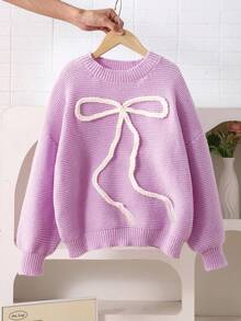 Tween Girls' Sweater With Embroidered Bow, Sweet Casual Versatile Daily Wear, Soft & Comfortable Girl Sweater Knit Sweater Cute Sweater Bow Sweater Purple Sweater For Girls - Mauve Purple - View 4