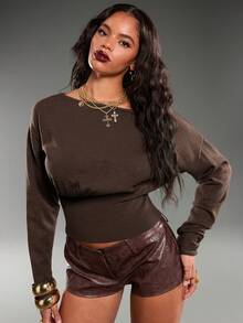 Normani Women's Autumn/Winter Exposed Shoulder Asymmetrical Shoulder Ribbed Tight Fit Brown Sweater - Brown - View 7