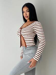 SHEIN SXY Casual Striped Long Sleeve Women Tops,Autumn,Off-White,Seksi Chic,Night Out, Crop Sweater Top,Winter,Thanksgiving For Women,Fall,Stripe - Multicolor - View 6