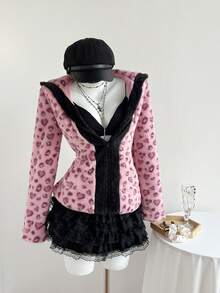 SHEIN Unity Autumn/Winter Fluffy Leopard Print Contrast Color Loose Hooded Women Jacket Coat - Pink - View 3