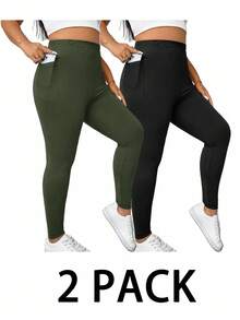 SHEIN Essnce Pantalon capri d'été pour femmes grandes tailles, 2 pièces de leggings, leggings noirs avec poches, pantalons de yoga et de fitness, leggings confortables, vêtements d'automne pour femmes, ensembles de détente pour femmes, joggers - Militaire verte - Voir 1