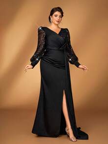 Serin Váy cưới cho mẹ cô dâu cỡ lớn xẻ tà đính sequin thanh lịch - màu đen - Xem 7