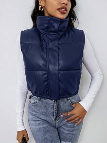 SHEIN EZwear 休闲纯色立领抽绳下摆短款羽绒背心，秋冬服装 - 藏蓝色 - 查看 6