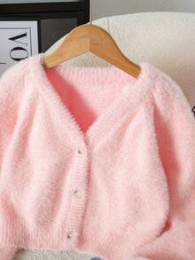 SHEIN 女大童素色前紐扣燈籠袖毛茸茸開襟衫 - 粉色 - 查看 3