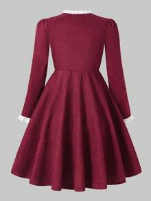 SHEIN Tween Girls' Elegant Vintage Ruffled Collar Button Front Tie Bow Decor Black Long Sleeve Snug Fit Mini Dress, Paired With Jacket - Red - View 2