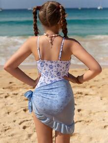 SHEIN 女童花卉/印花 1-2 件套泳衣 - 藍色 - 查看 2