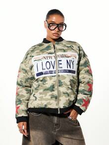 SUMWON WOMEN Camouflage Bomber Jacket With New York License Plate Print And Red Star Accents Winter Outerwear - Multicolor - View 4