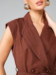 MISSGUIDED Double Breasted Sleeveless Denim Vest With Tie Belt And Wrap Front Design For Casual Everyday Wear - Brown - View 6