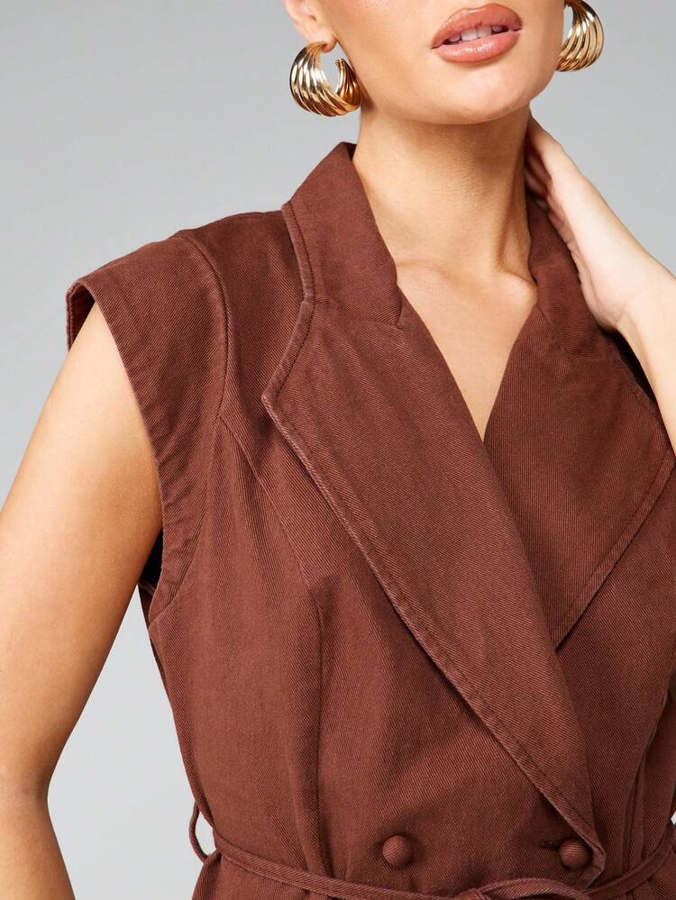 MISSGUIDED Double Breasted Sleeveless Denim Vest With Tie Belt And Wrap Front Design For Casual Everyday Wear