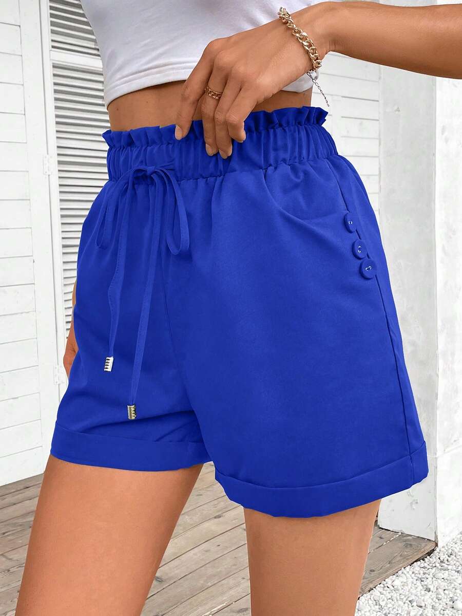 SHEIN LUNE Women's Solid Color Paper Bag Waist Pocketed Casual Shorts - Royal Blue - View 1