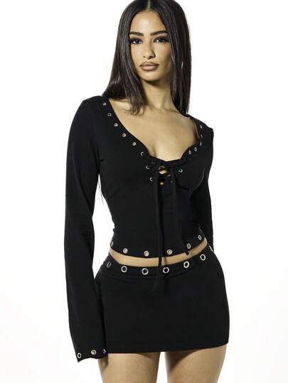 SUMWON WOMEN 长袖系带镂空露脐上衣，配有金属孔眼和系带前襟